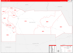 San Miguel County, NM Wall Map Zip Code Red Line Style 2024